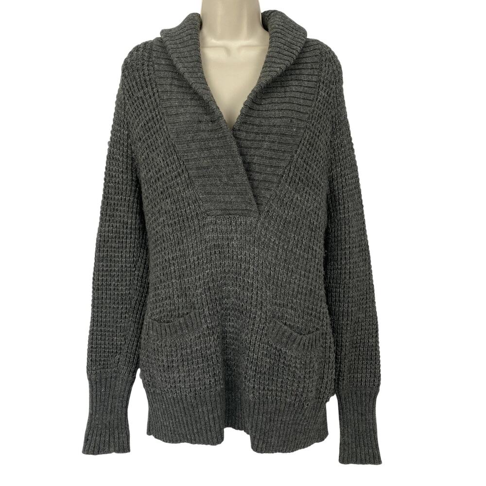 Ann Taylor LOFT Alpaca Wool Sweater Womens Large Gray Shawl Collar Waffle Chunky